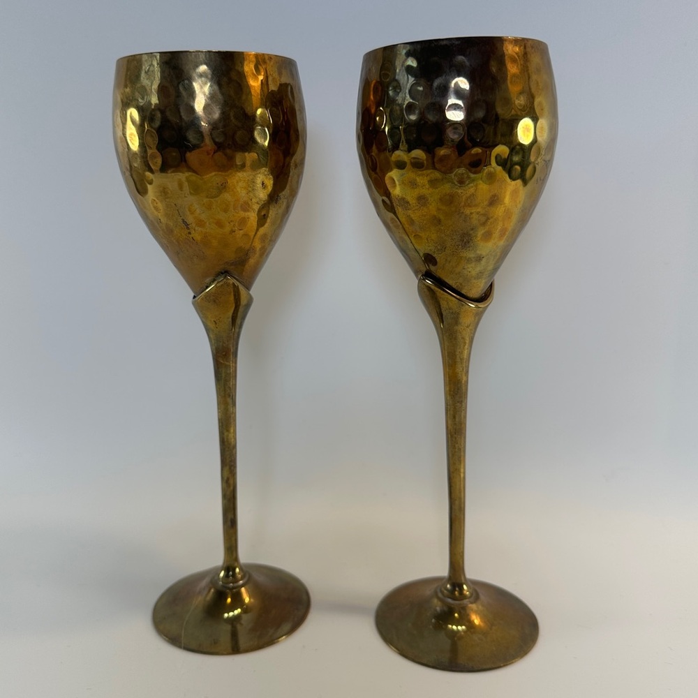 VTG Pair of 2 Vintage Solid Brass‎ Wine Goblets Tulip Stems Made In India